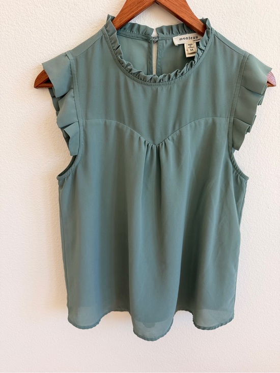 Monteau Tops - Monteau Sage Green Ruffle Sleeve Blouse